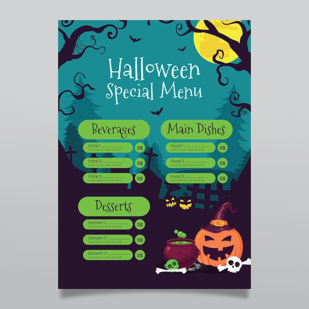 Gratis vector platte halloween menusjabloon