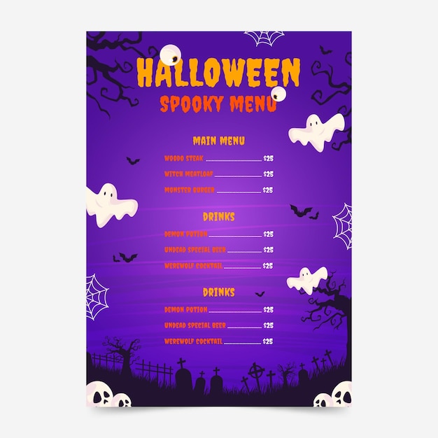 Gratis vector platte halloween menusjabloon