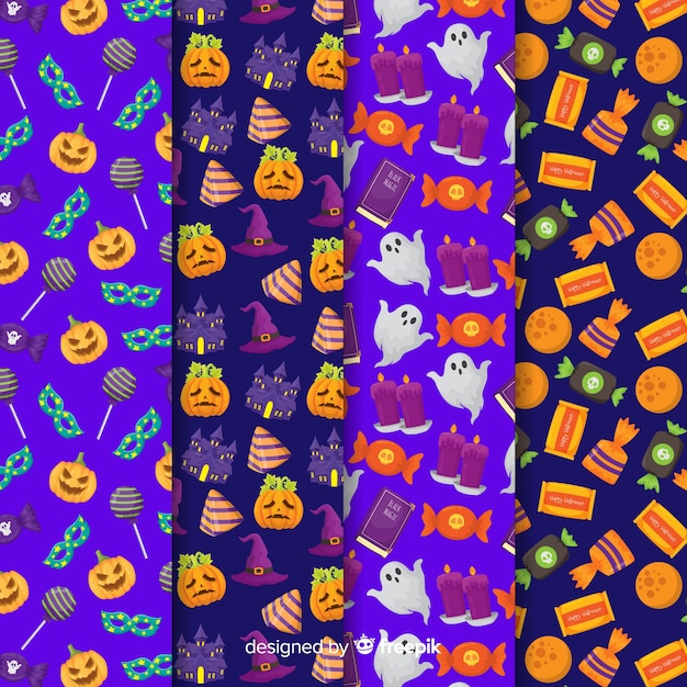 Platte halloween patroon collectie met pompoen en snoep