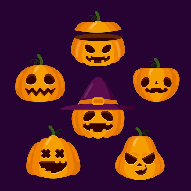 Gratis vector platte halloween pompoenen collectie