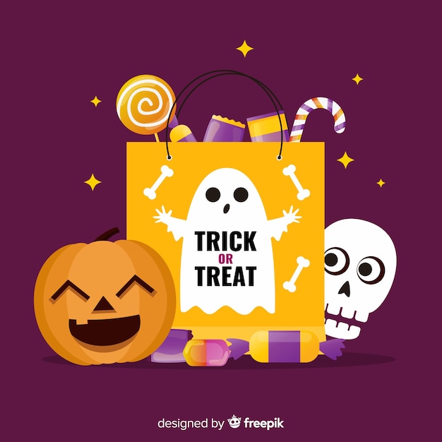 Gratis vector platte halloween tas met pompoen en schedel