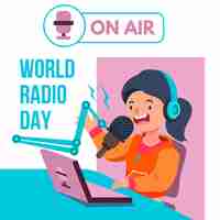 Gratis vector platte hand getekend wereld radio dag achtergrond met karakter