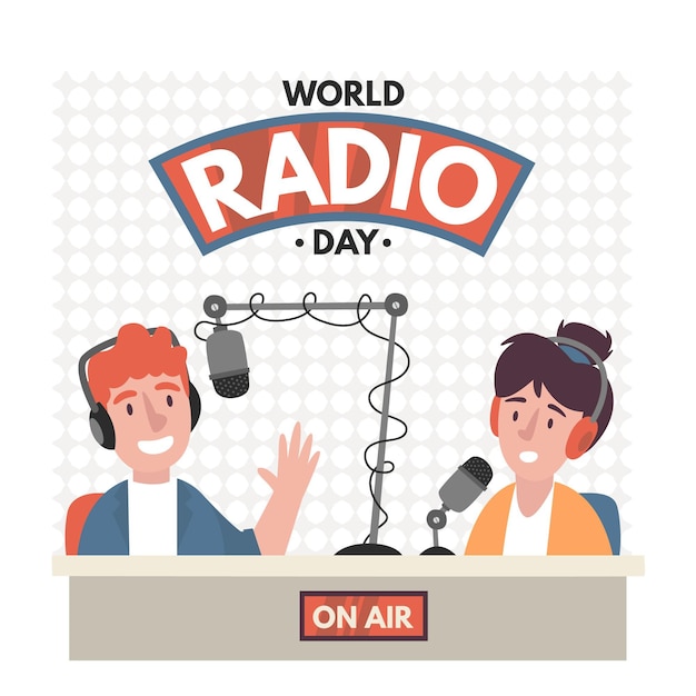 Gratis vector platte hand getekend wereld radio dag achtergrond met presentatoren