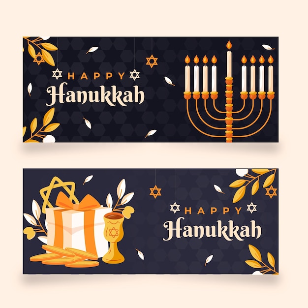 Gratis vector platte hanukkah horizontale banners set