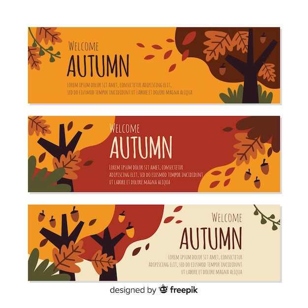 Gratis vector platte herfst banners sjabloon met bladeren