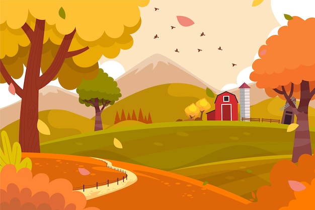 Platte herfstweergave met schuur