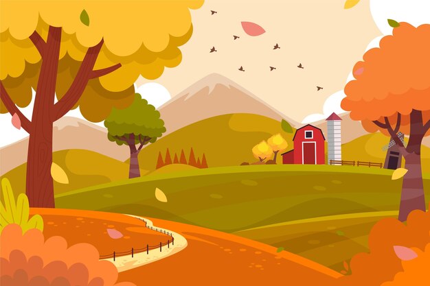 Platte herfstweergave met schuur