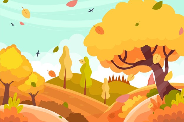 Platte herfstweergave met vallende bladeren