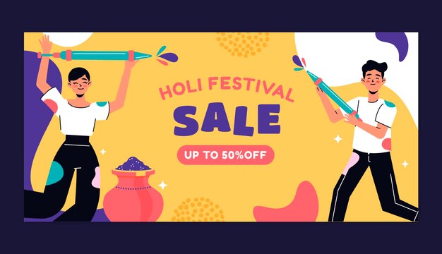 Gratis vector platte holi festival viering horizontale verkoop sjabloon voor spandoek