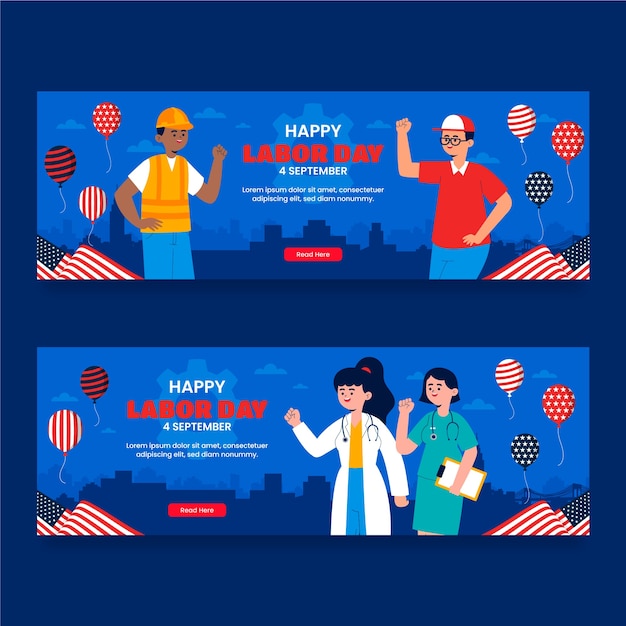 Gratis vector platte horizontale banner sjabloon voor amerikaanse labor day viering