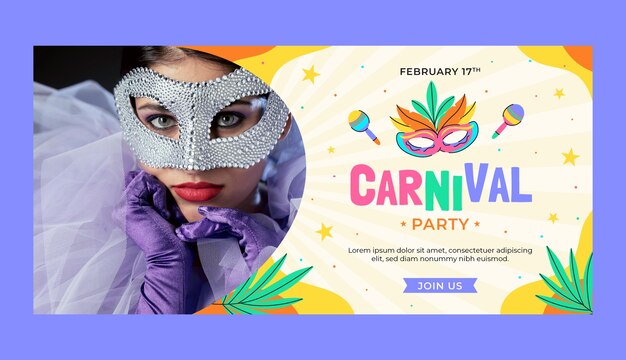 Gratis vector platte horizontale banner sjabloon voor carnavalsfeest