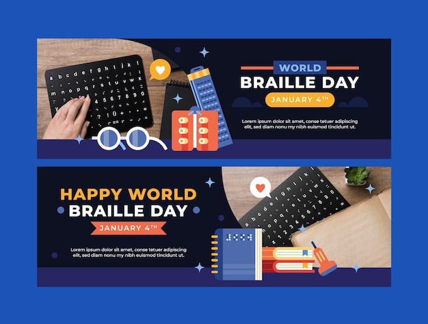 Gratis vector platte horizontale banner sjabloon voor de wereld braille dag