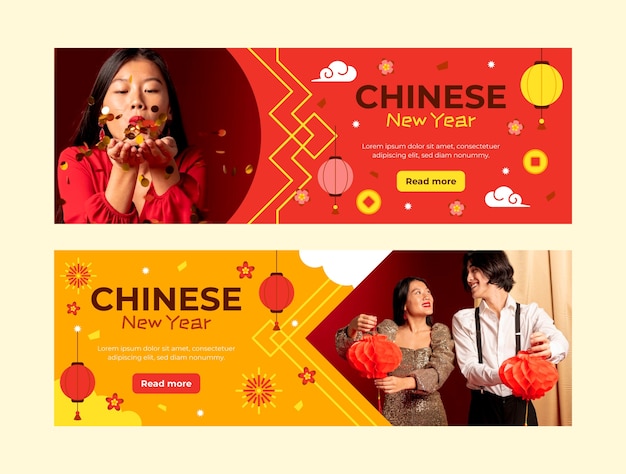 Gratis vector platte horizontale banner sjabloon voor het chinese nieuwjaarsfeest