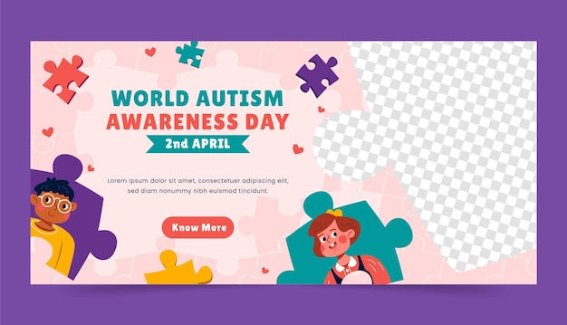 Gratis vector platte horizontale banner sjabloon voor wereld autisme awareness day