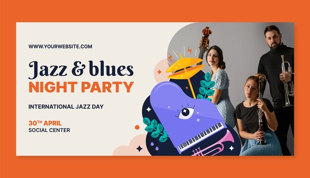 Gratis vector platte horizontale banner sjabloon voor wereld jazz dag muziek viering