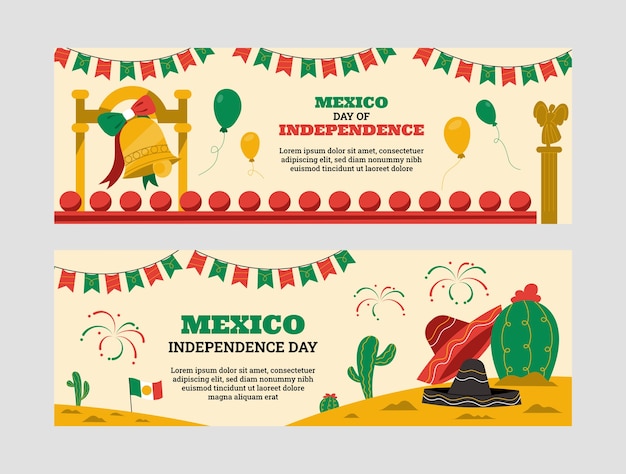 Platte horizontale banners voor de viering van de onafhankelijkheid van Mexico