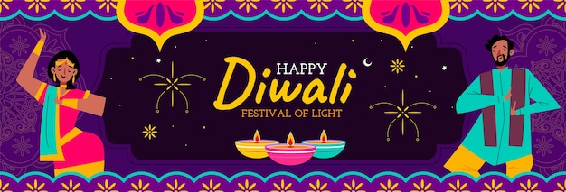 Gratis vector platte horizontale bannersjabloon voor diwali-viering