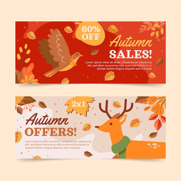 Gratis vector platte horizontale herfst verkoop banners set