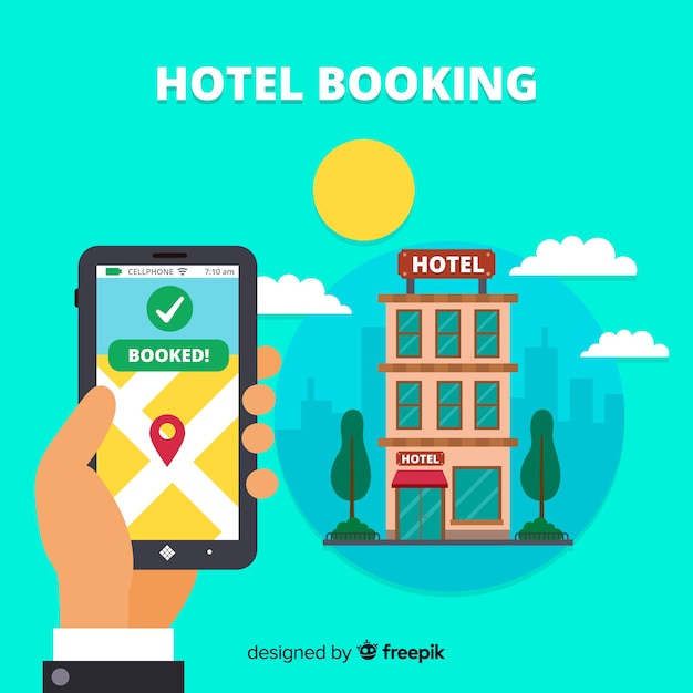 Gratis vector platte hotel boeking applicatie achtergrond