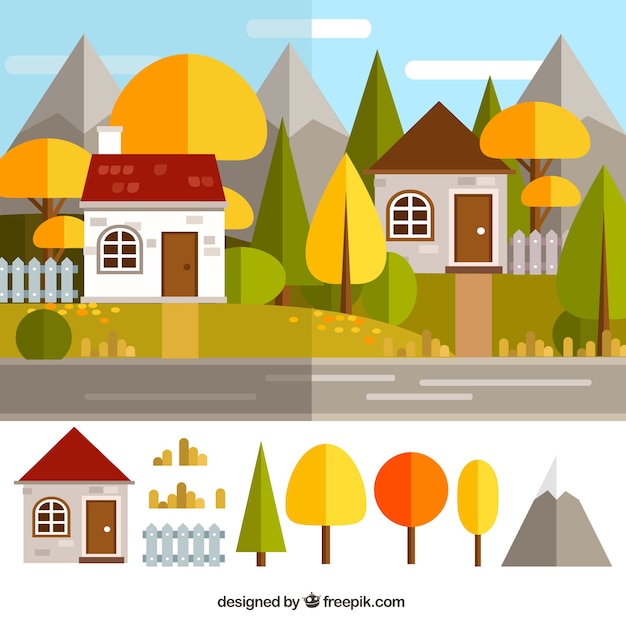 Gratis vector platte huizen in het bos