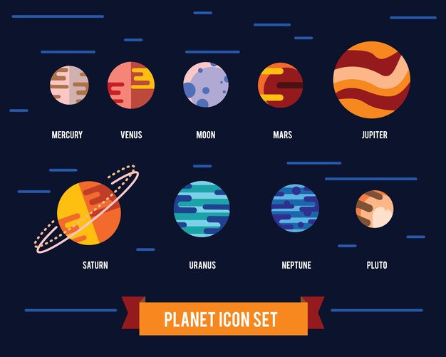 platte icon set zonnestelsel planeten, zon en maan op donkere ruimteachtergrond.