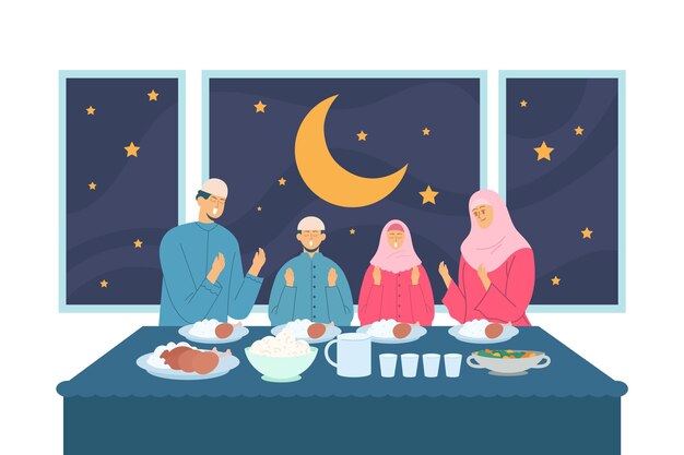 Platte iftar-illustratie met mensen