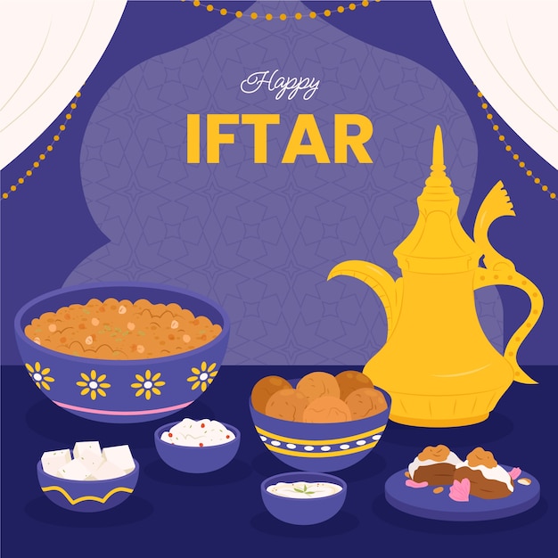 Gratis vector platte iftar-maaltijdillustratie voor islamitische ramadan-viering