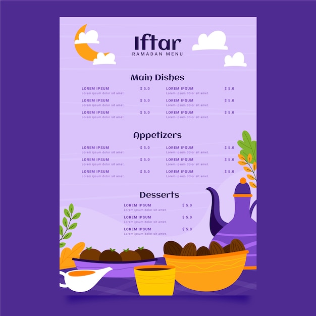 Gratis vector platte iftar-menusjabloon