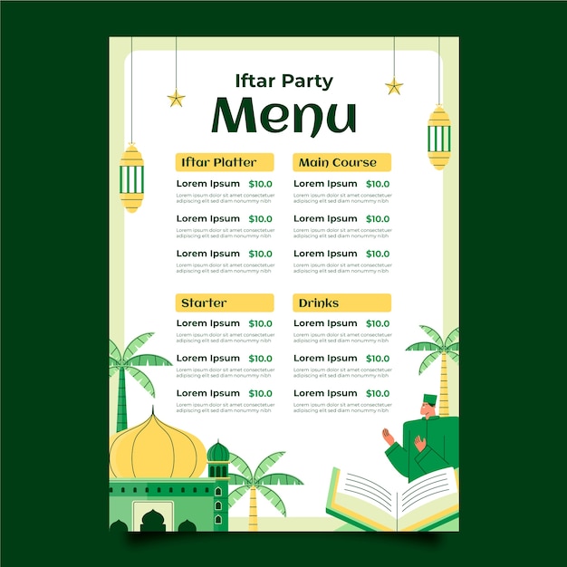 Gratis vector platte iftar menusjabloon