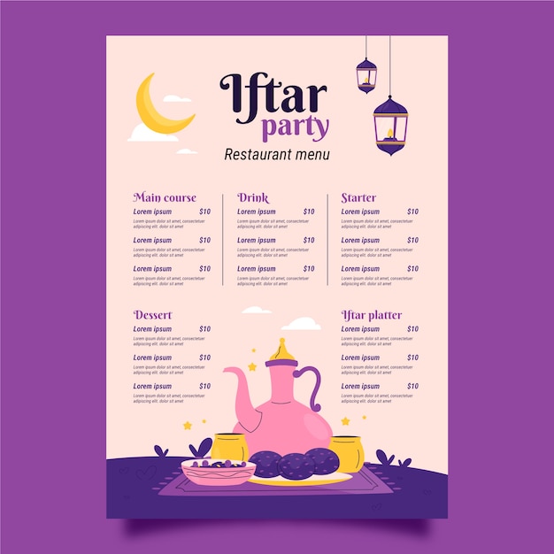 Gratis vector platte iftar party menusjabloon