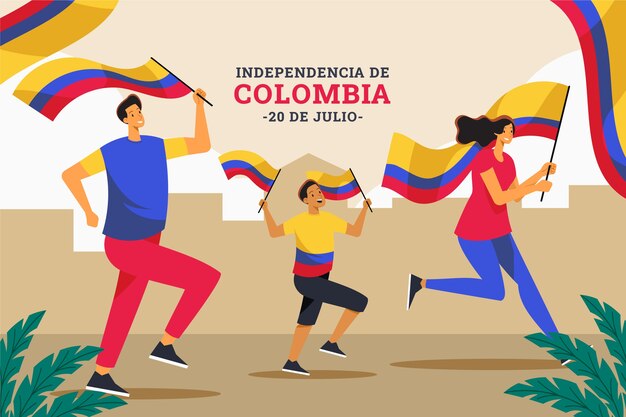 Platte illustratie van 20 juli met mensen die Colombiaanse vlaggen vasthouden
