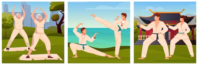 Platte illustraties van vechtsporten met oude mensen die betrokken zijn bij qigong en jonge jongens en meisjes die tai chi buitenshuis trainen
