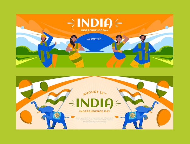 Gratis vector platte india onafhankelijkheidsdag horizontale banners met dansende mensen