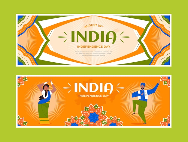 Platte india onafhankelijkheidsdag horizontale banners met dansende mensen