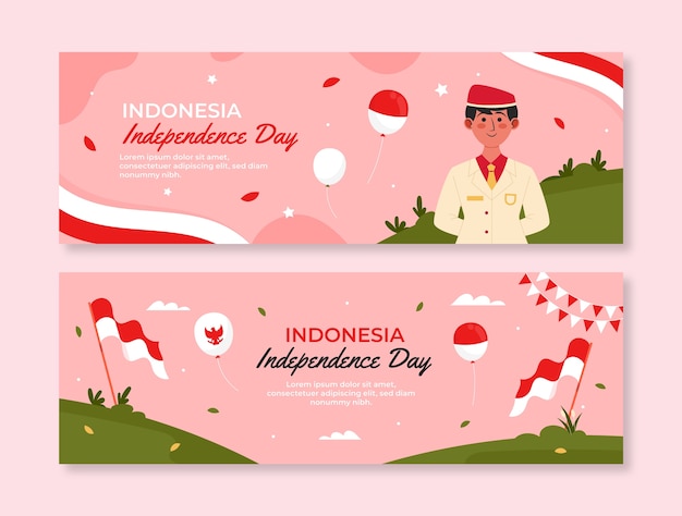 Gratis vector platte indonesië onafhankelijkheidsdag horizontale banners set met persoon en vlaggen