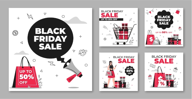 Platte instagram-berichtencollectie voor black friday-uitverkoop