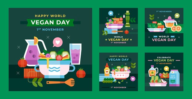 Platte instagram-berichtencollectie voor de viering van de wereldveganistische dag