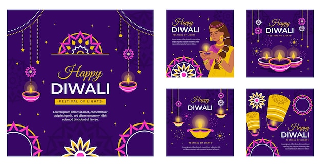 Gratis vector platte instagram-berichtencollectie voor de viering van het hindoe diwali-festival