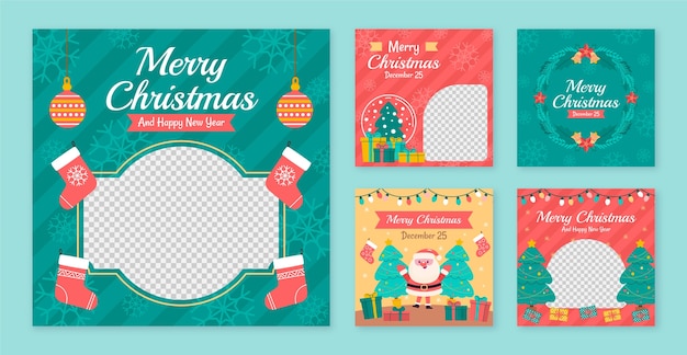 Gratis vector platte instagram berichtencollectie voor de viering van het kerstseizoen