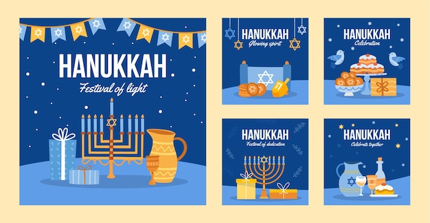 Gratis vector platte instagram berichtencollectie voor joodse chanoeka-viering