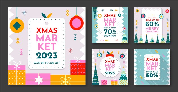 Gratis vector platte instagram berichtencollectie voor kerstmarkt