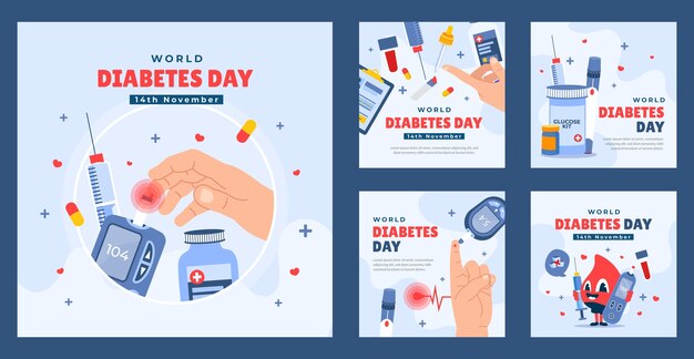 Platte instagram-berichtenverzameling voor bewustzijn van Werelddiabetesdag