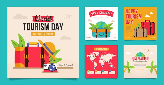 Platte instagram-berichtenverzameling voor de viering van de wereldtoerismedag