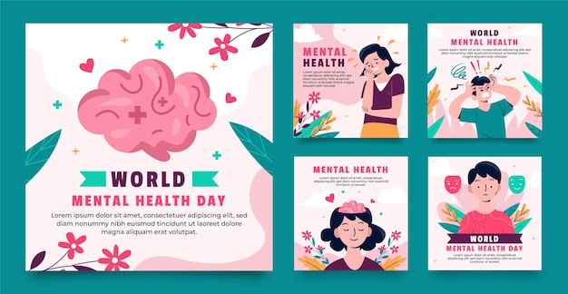 Platte instagram-berichtenverzameling voor werelddag voor geestelijke gezondheid