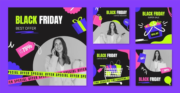 Gratis vector platte instagram-postcollectie voor black friday-verkoop