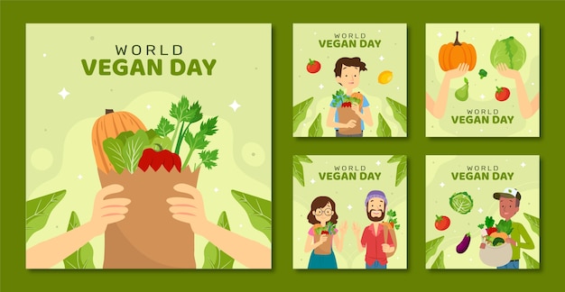 Gratis vector platte instagram-postcollectie voor world vegan day-evenement