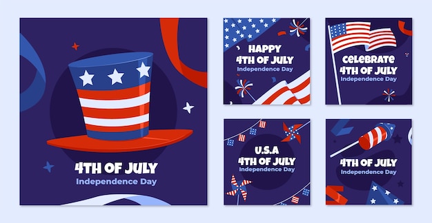 Gratis vector platte instagram posts-collectie voor de amerikaanse viering van 4 juli