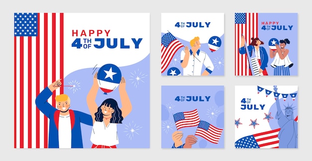 Platte instagram posts-collectie voor de amerikaanse viering van 4 juli