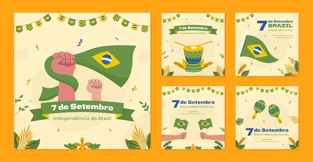 Gratis vector platte instagram posts-collectie voor de viering van de braziliaanse onafhankelijkheidsdag