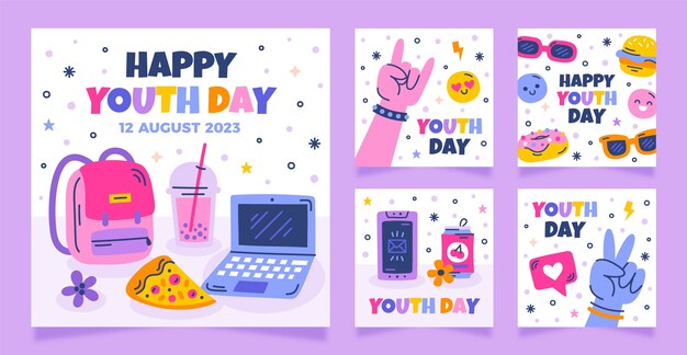 Gratis vector platte instagram posts-collectie voor de viering van de internationale jeugddag